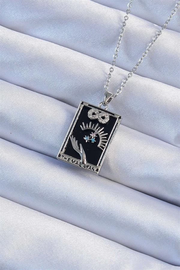 316l Çelik Zincir Gümüş Renk Zirkon Taşlı Sonsuzluk Figürlü Tarot Kolye