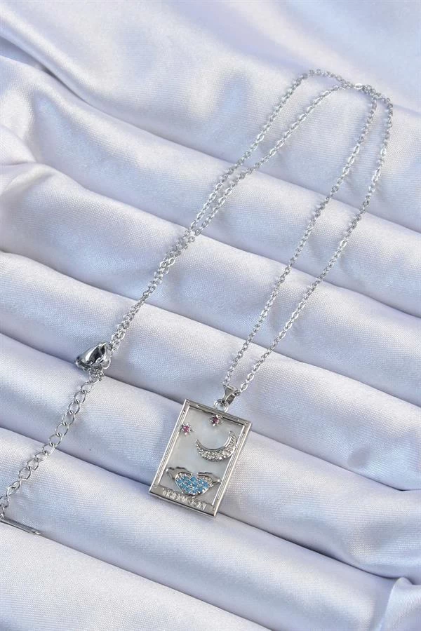 316l Çelik Zincir Gümüş Renk Zirkon Taşlı Ay Figürlü Tarot Kolye