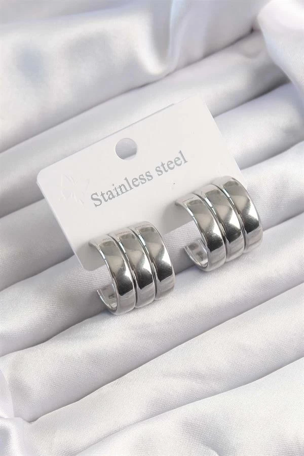 316l Çelik Gümüş Renk 3lü Görünüm Bombe Model Yarım Halka Küpe