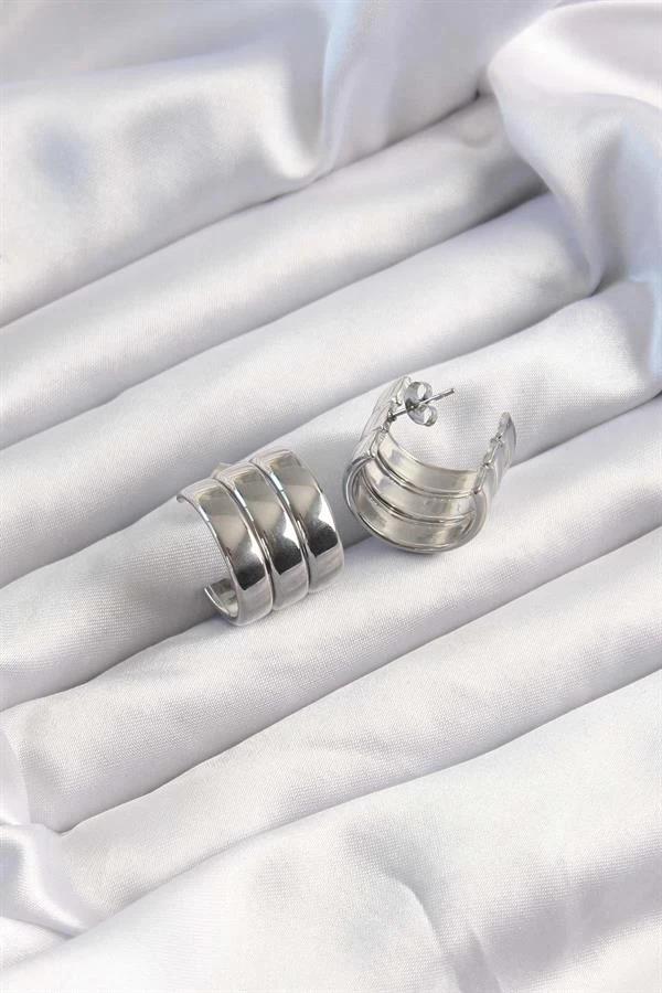 316l Çelik Gümüş Renk 3lü Görünüm Bombe Model Yarım Halka Küpe