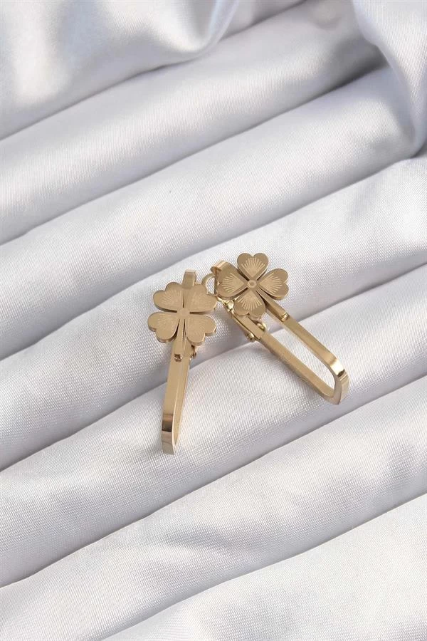 316l Çelik Altın Renk Geometrik Yonca Model Küpe