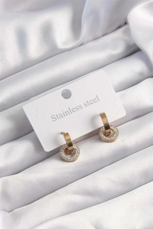 316l Çelik Altın Renk Zirkon Taşlı Halka Model Küpe