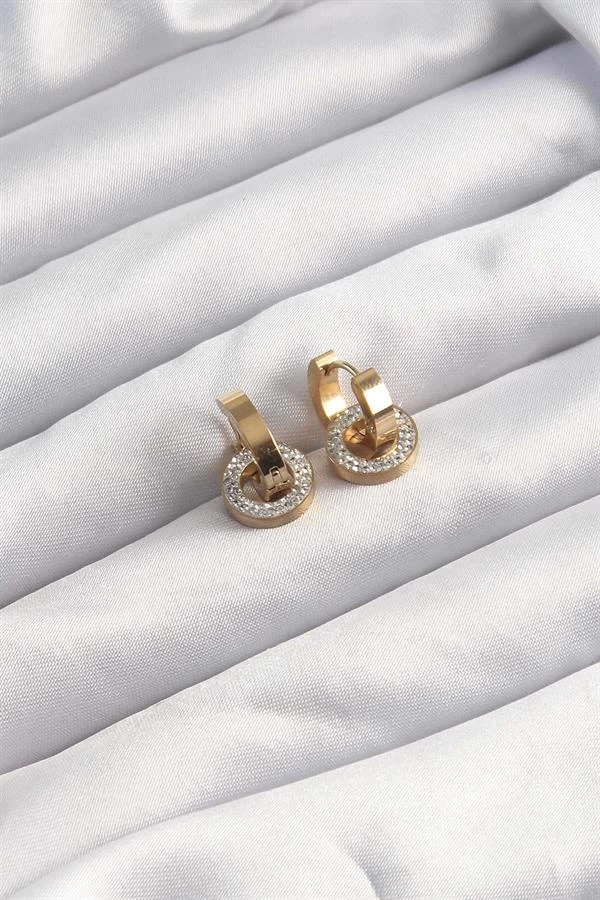 316l Çelik Altın Renk Zirkon Taşlı Halka Model Küpe