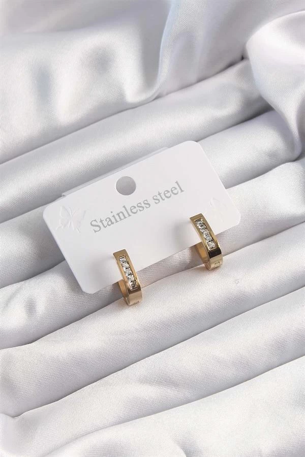 316l Çelik Altın Renk Zirkon Taşlı Halka Model Küpe