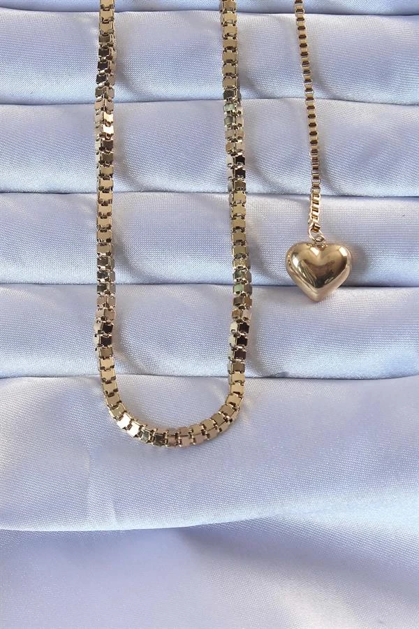 316l Çelik Altın Renk Küp Zincirli Kalpli Kolye