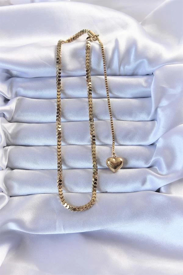 316l Çelik Altın Renk Küp Zincirli Kalpli Kolye