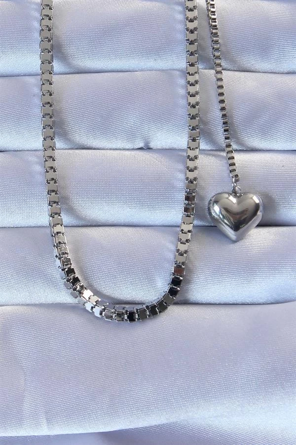 316l Çelik Gümüş Renk Küp Zincirli Kalpli Kolye