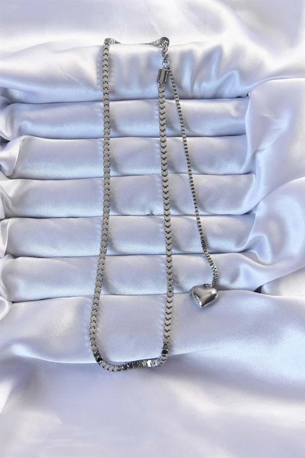 316l Çelik Gümüş Renk Küp Zincirli Kalpli Kolye