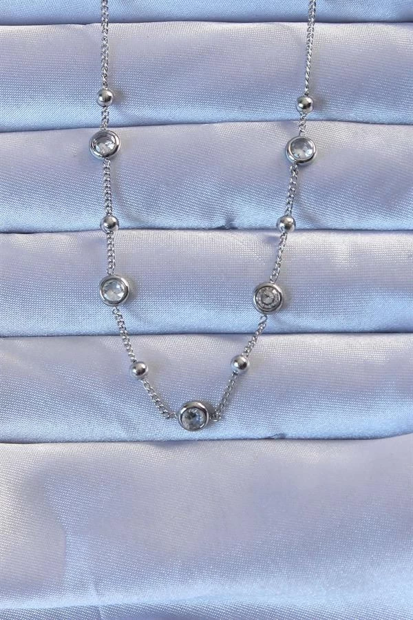 316l Çelik Gümüş Renk Zirkon Taşlı Top Zincirli Kolye