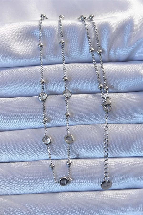 316l Çelik Gümüş Renk Zirkon Taşlı Top Zincirli Kolye