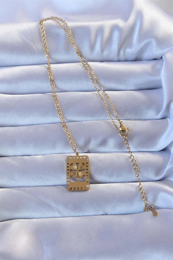 316l Altın Renk İşlemeli Yonca Model Vintage Kolye