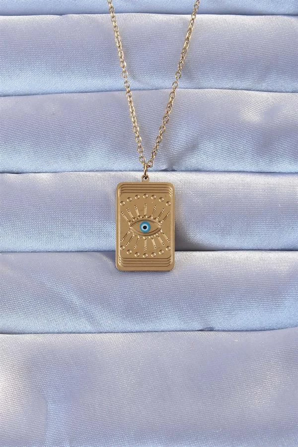 316l Altın Renk İşlemeli Nazarlı Göz Model Vintage Kolye