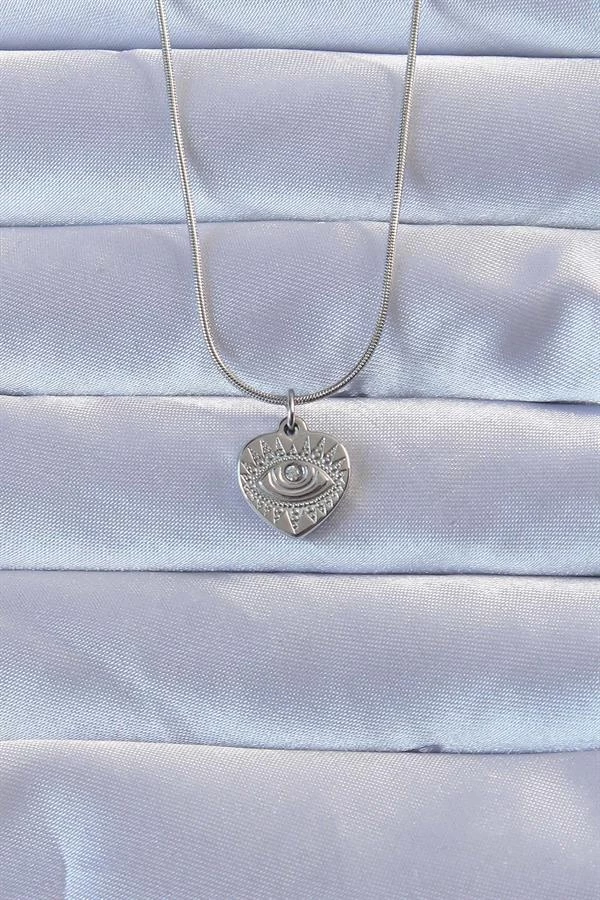 316l Gümüş Renk Zirkon Taşlı İşlemeli Göz Detay Kalp Kolye