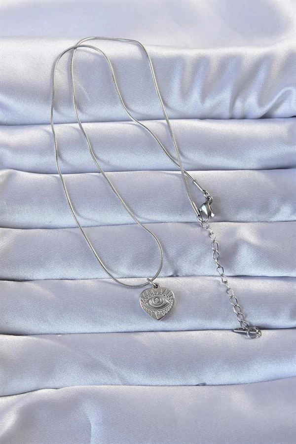 316l Gümüş Renk Zirkon Taşlı İşlemeli Göz Detay Kalp Kolye