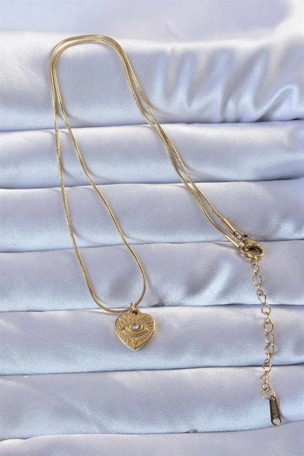 316l Altın Renk Zirkon Taşlı İşlemeli Göz Detay Kalp Kolye