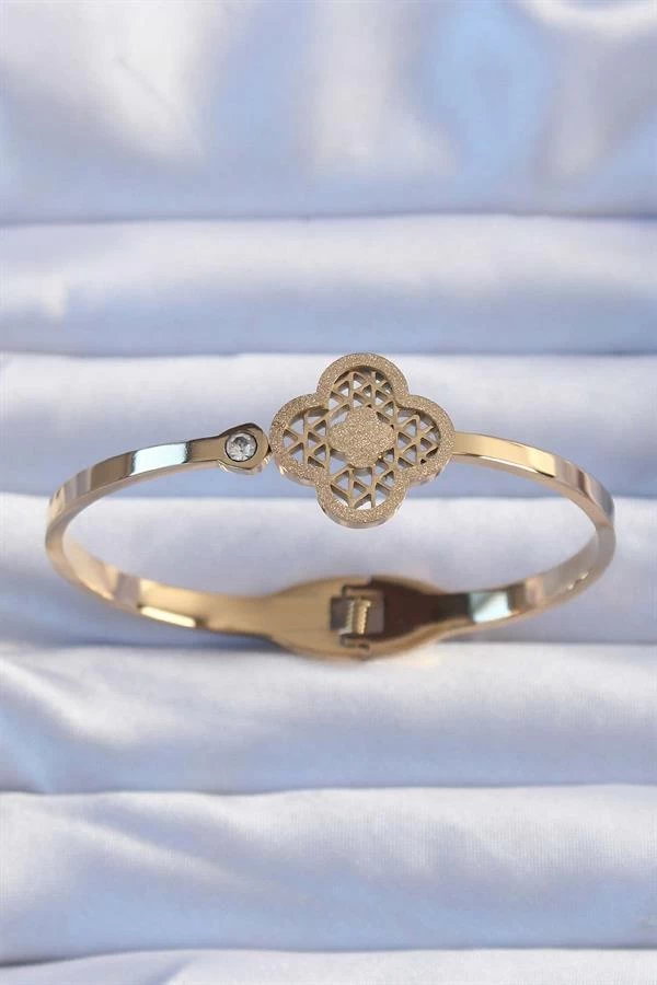 316l Çelik Altın Renk Zirkon Taşlı Simli Yonca Kelepçe