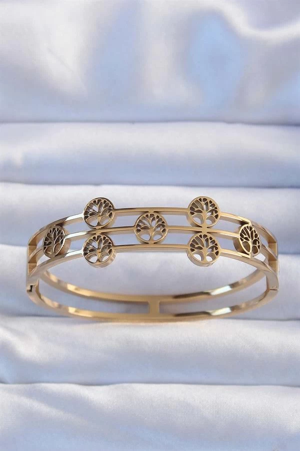 316l Çelik Altın Renk Minimal Yaşam Ağacı Tasarımlı Kelepçe