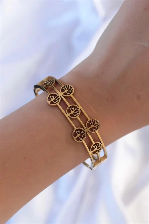 316l Çelik Altın Renk Minimal Yaşam Ağacı Tasarımlı Kelepçe