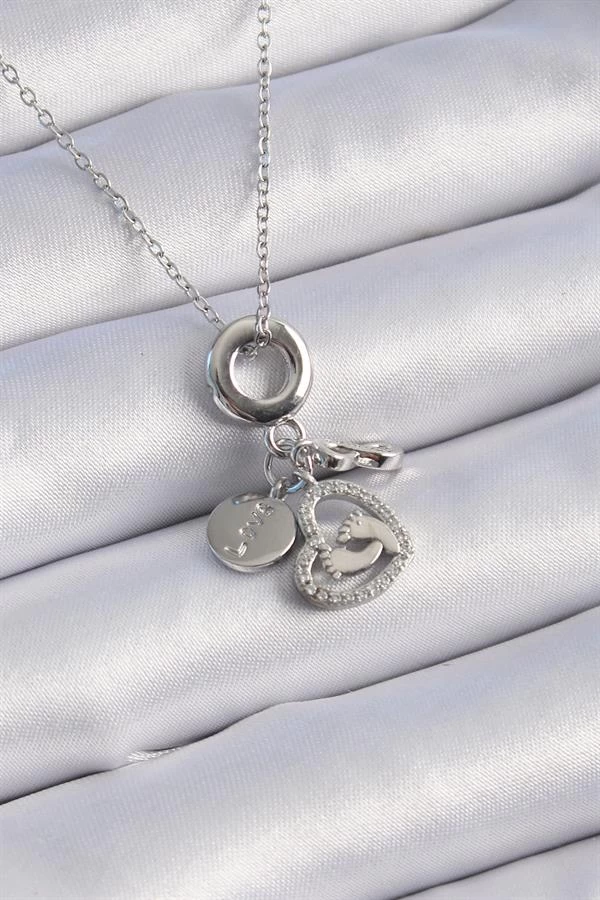 316l Çelik Gümüş Renk Zirkon Taş Detay Kalp Model Charm Kadın Kolye