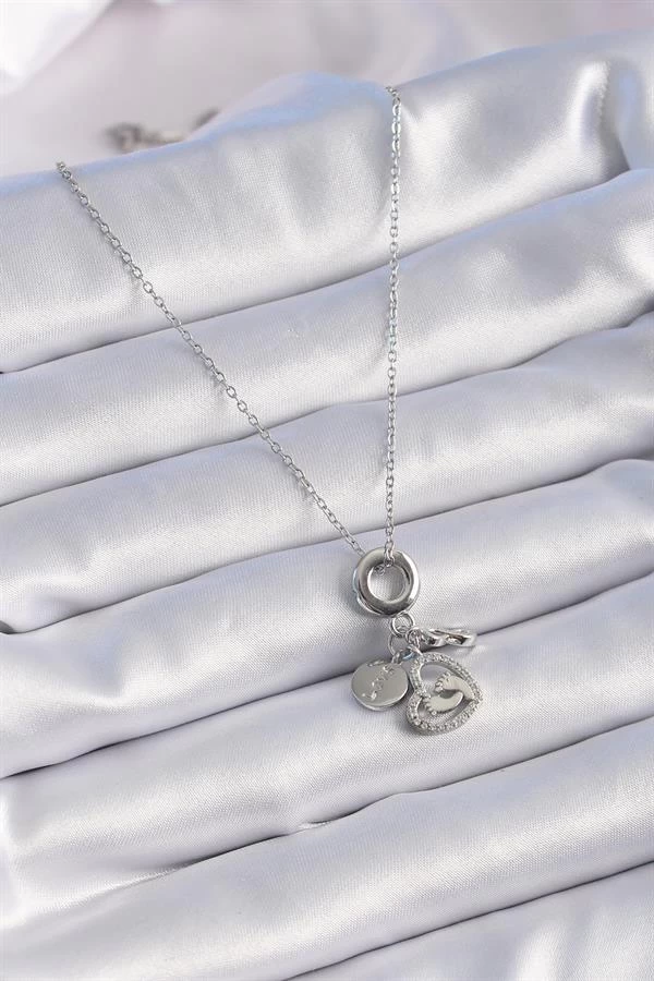 316l Çelik Gümüş Renk Zirkon Taş Detay Kalp Model Charm Kadın Kolye