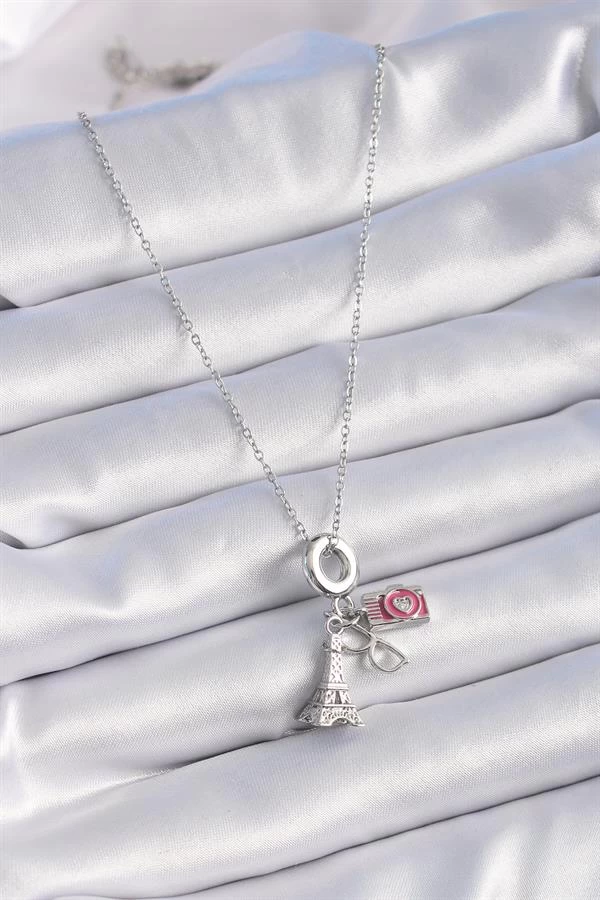 316l Çelik Gümüş Renk Eyfel Kule Fotoğraf Makinesi Model Charm Kadın Kolye