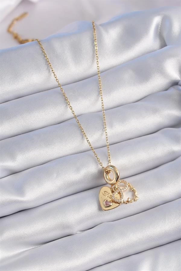 316l Çelik Gold Renk Zirkon Taşlı Sonsuzluk Kalp Figür Charm Model Kadın Kolye