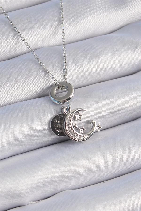 316l Çelik Gümüş Renk Zirkon Taşlı Ay Yıldız  Figür Charm Model Kadın Kolye