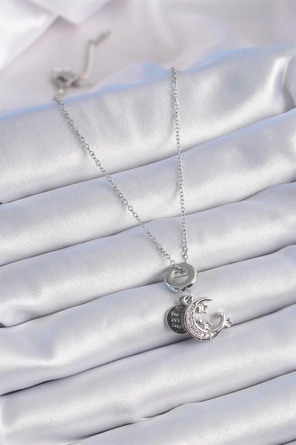 316l Çelik Gümüş Renk Zirkon Taşlı Ay Yıldız  Figür Charm Model Kadın Kolye
