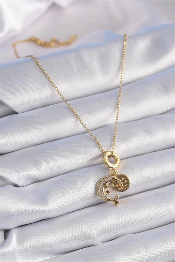 316l Çelik Gold Renk Zirkon Taşlı Ay Yıldız  Model Charm Model Kadın Kolye