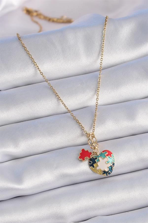 316l Çelik Gold Renk Yapboz Motif Kalp Figür Charm Model Kadın Kolye