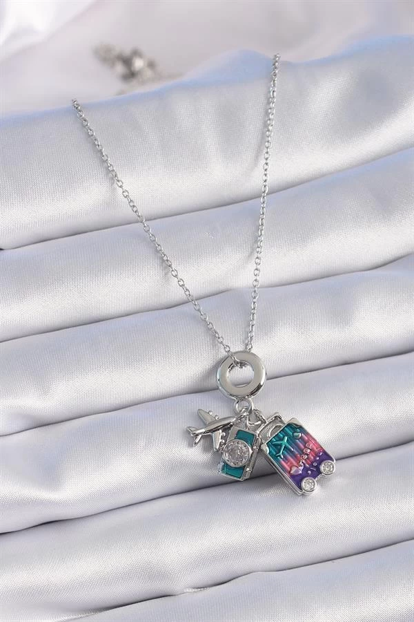 316l Çelik Gümüş Renk Zirkon Taş Detaylı Uçak Bavul Figür Charm Model Kadın Kolye