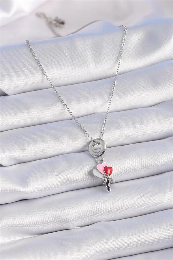 316l Çelik Gümüş Renk Renkli Kalp Figür Charm Model Kadın Kolye