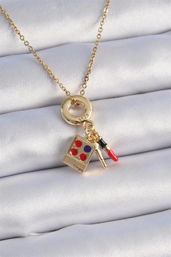 316l Çelik Gold Renk Makyaj Paleti Figür Charm Model Kadın Kolye