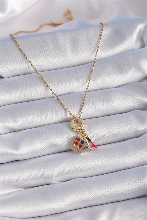 316l Çelik Gold Renk Makyaj Paleti Figür Charm Model Kadın Kolye