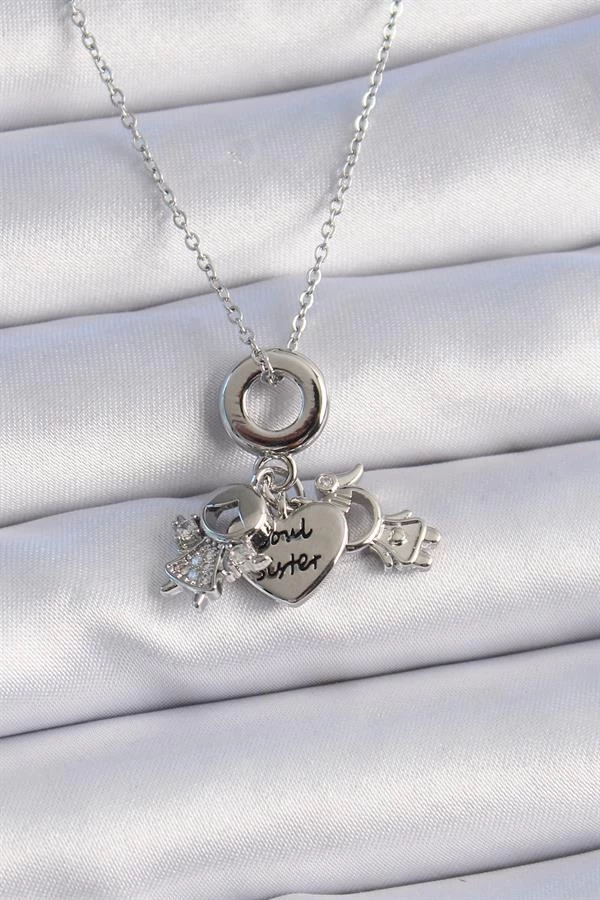 316l Çelik Gümüş Renk Zirkon Taş Detay Çocuk Figür Charm Model Kadın Kolye