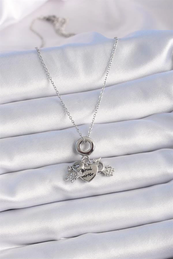 316l Çelik Gümüş Renk Zirkon Taş Detay Çocuk Figür Charm Model Kadın Kolye