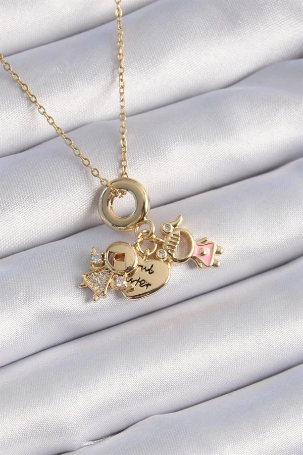 316l Çelik Gold Renk Zirkon Taş Detay Çocuk Figür Charm Model Kadın Kolye