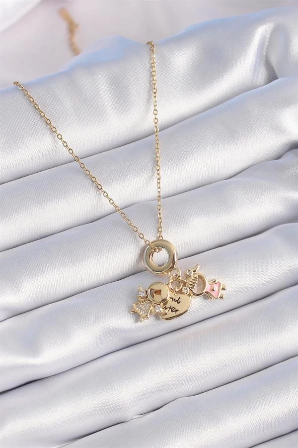 316l Çelik Gold Renk Zirkon Taş Detay Çocuk Figür Charm Model Kadın Kolye