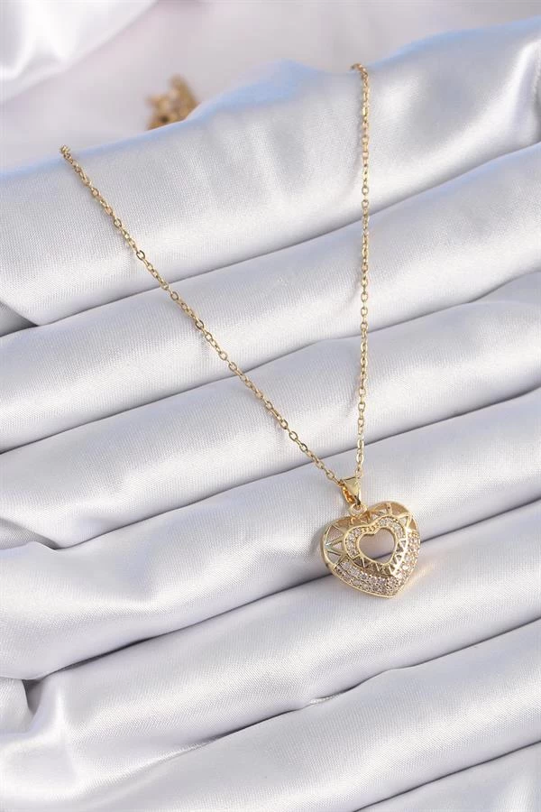 316l Çelik Gold Renk Zirkon Taşlı Kalp Model Vintage Kadın Kolye