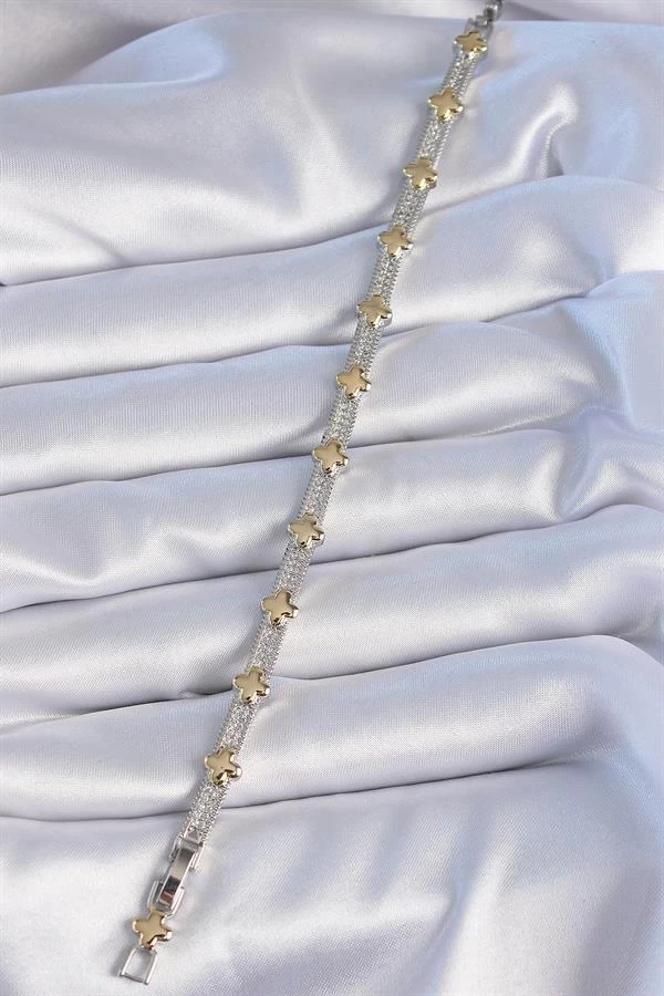 Pirinç Gümüş Renk Zirkon Taşlı Gold Yonca Model Vİp Seri Kadın Bileklik