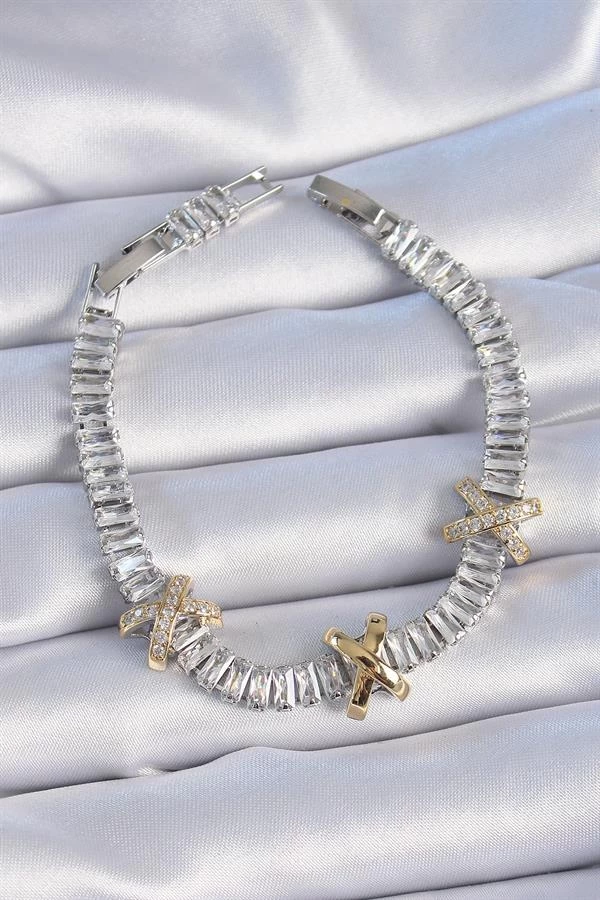 Pirinç Gümüş Renk Taşlı Su Yolu Model Vİp Seri Kadın Bileklik