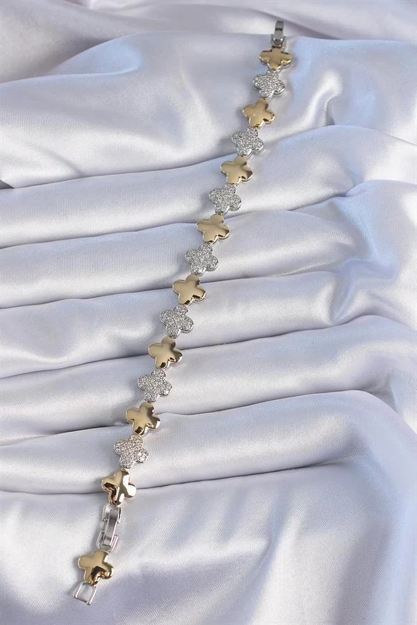 Pirinç Gümüş Gold Renk Zirkon Taşlı Yonca Model Vİp Seri Kadın Bileklik