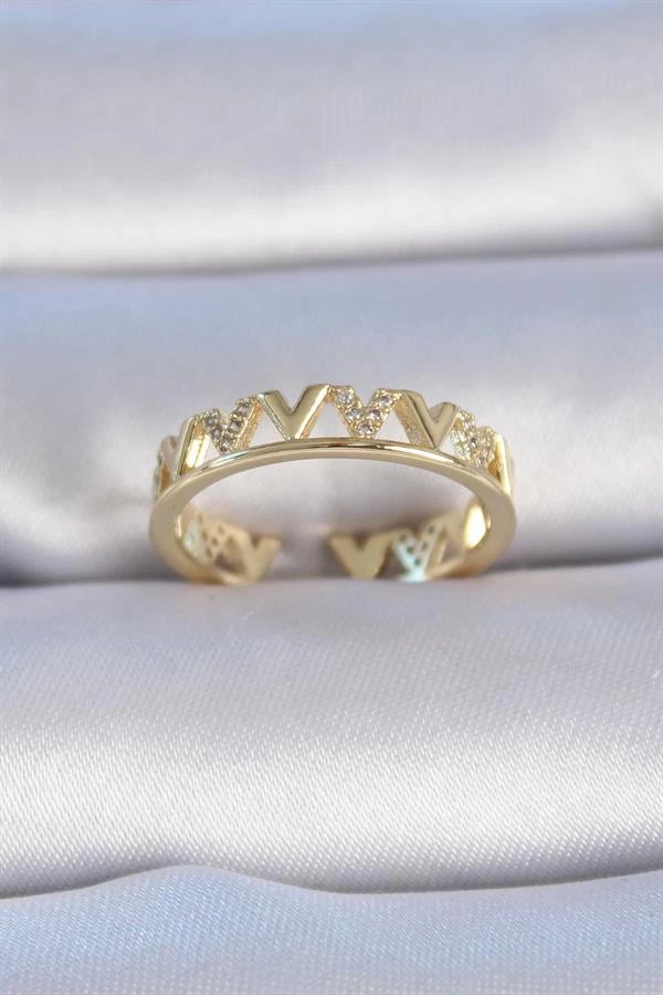 Pirinç Gold Renk Zirkon Taşlı "v" Model Kadın Yüzük
