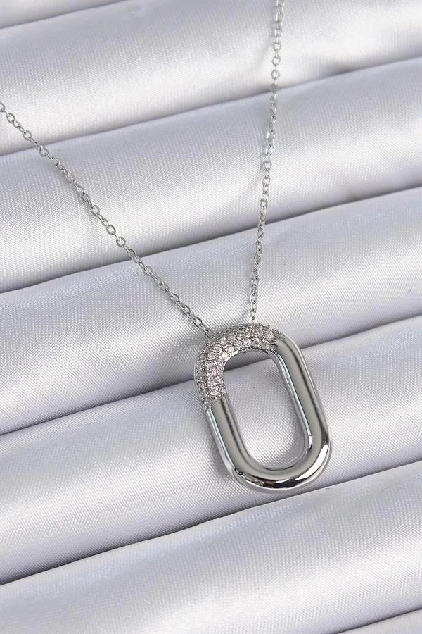 316l Çelik Zincir Gümüş Renk Zirkon Taşlı Oval Halka Model Kadın Kolye