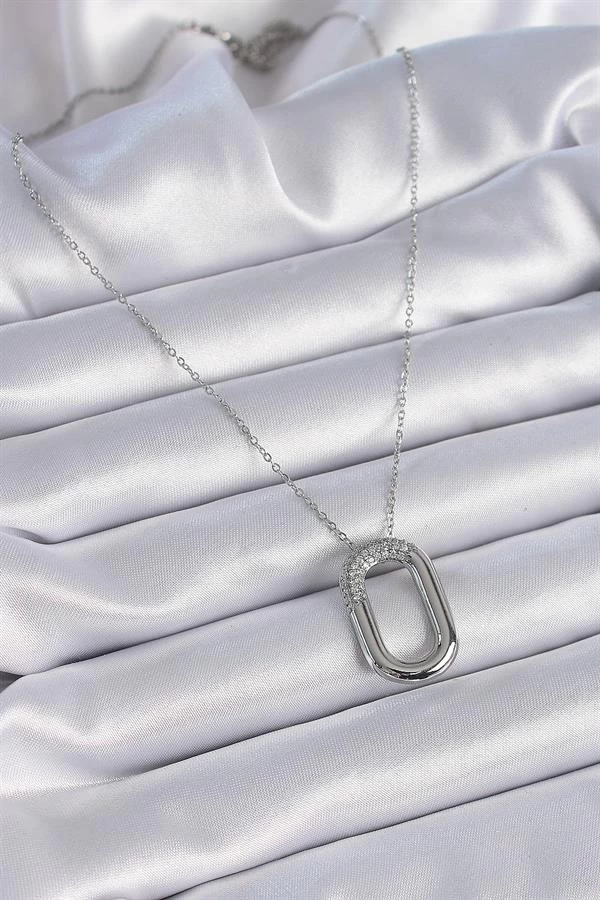 316l Çelik Zincir Gümüş Renk Zirkon Taşlı Oval Halka Model Kadın Kolye