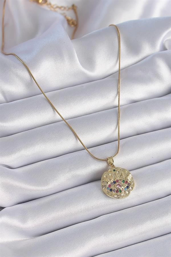 316l Çelik Zincir Gold Renk Zirkon Taşlı Göz İşlemeli Madalyon Model Kadın Kolye