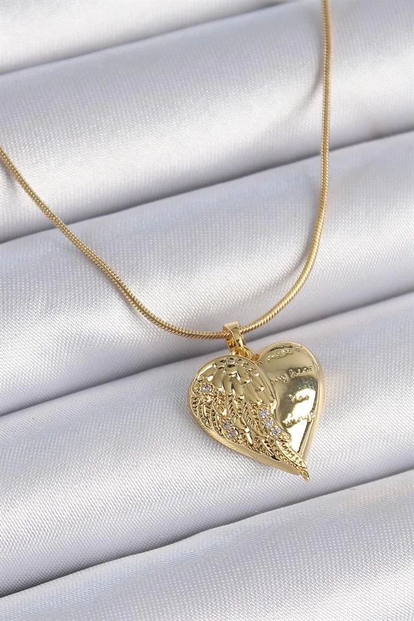 316l Çelik Zincir Gold Renk Zirkon Taşlı Kalp Kanat İşlemeli Kadın Kolye