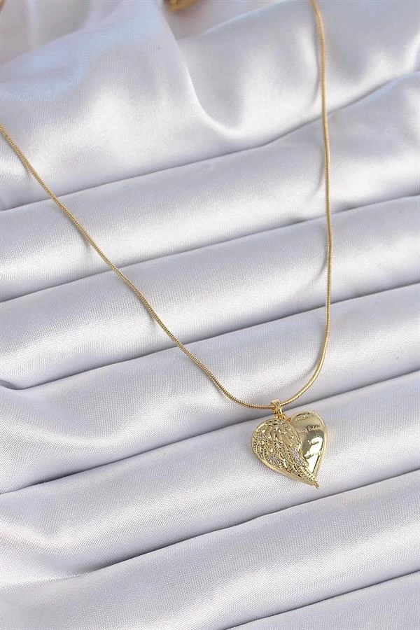 316l Çelik Zincir Gold Renk Zirkon Taşlı Kalp Kanat İşlemeli Kadın Kolye