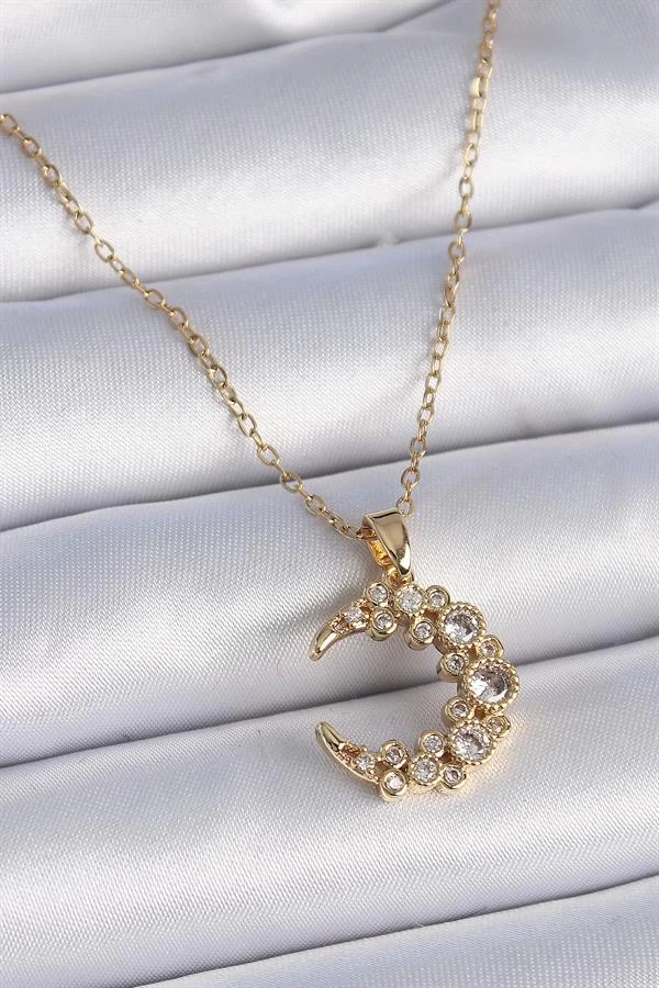 316l Çelik Zincir Gold Renk Zirkon Taşlı Hilal Model Kadın Kolye