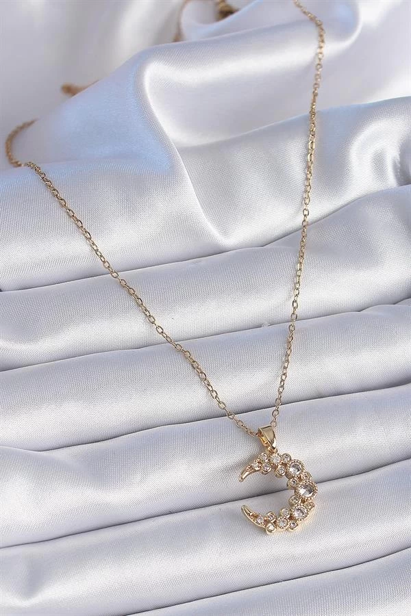 316l Çelik Zincir Gold Renk Zirkon Taşlı Hilal Model Kadın Kolye